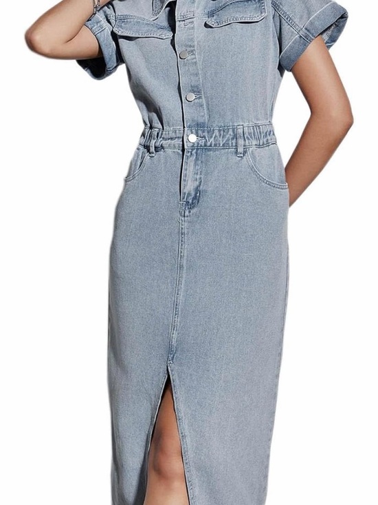 Amazon Dresses & Skirts - Amazon Light Blue Denim Midi Dress with Front Slit